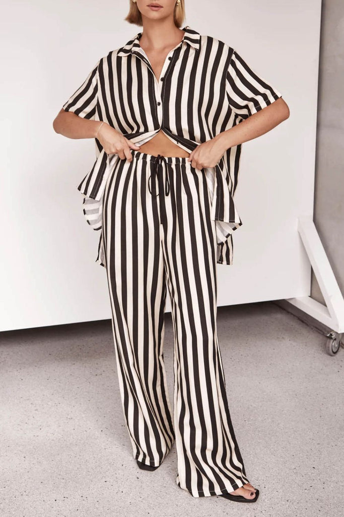 Striped Collared Neck Half Sleeve Top and Pants Set