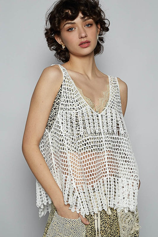 POL V-Neck Sleeveless Woven Crochet Knit Cover Up