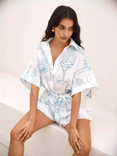 Printed Half Sleeve Top and Wide Leg Pants Set
