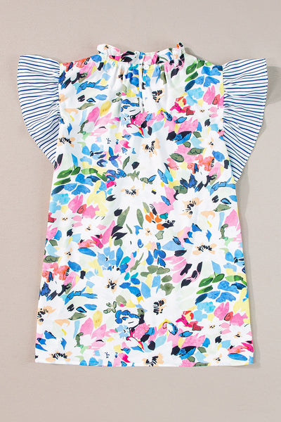 Ruffled Printed Mock Neck Cap Sleeve Blouse