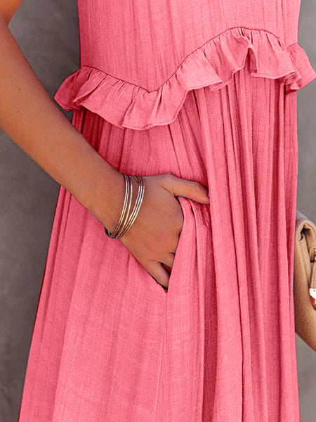 Ruffled Sleeveless Maxi Dress with Pockets