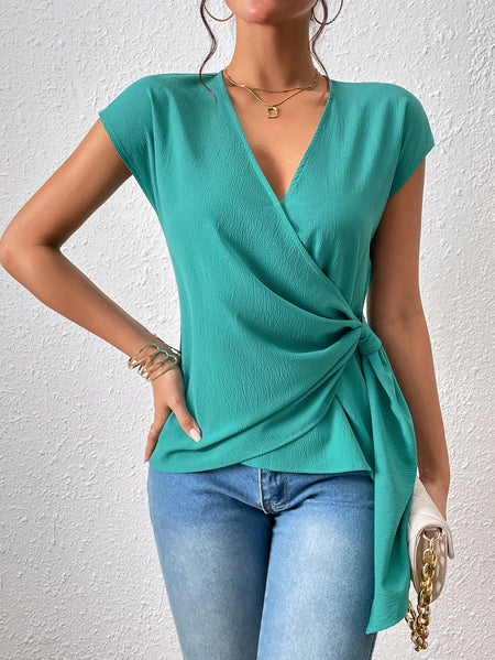 Lace Trim Openwork Cap Sleeve Blouse
