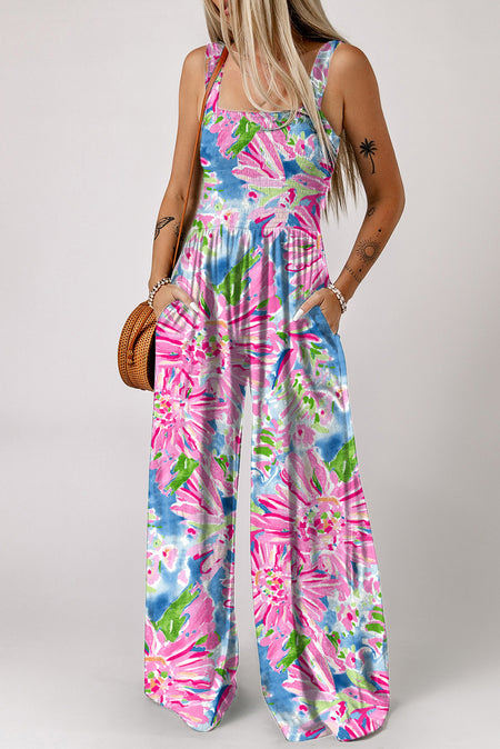 Smocked Square Neck Wide Leg Jumpsuit with Pockets