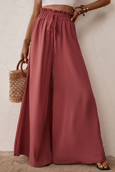 Tie Shoulder Smocked Crop Top and Wide Leg Pants Set
