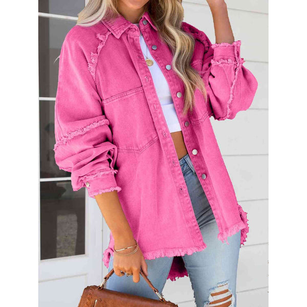 Button Down Raw Hem Denim Jacket
