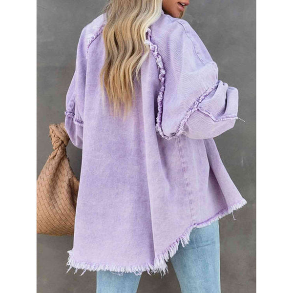 Button Down Raw Hem Denim Jacket