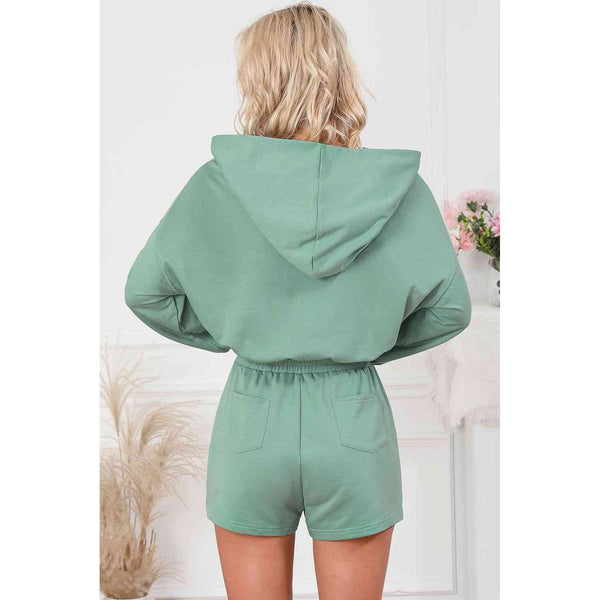 Drawstring Waist Hooded Romper with Pockets