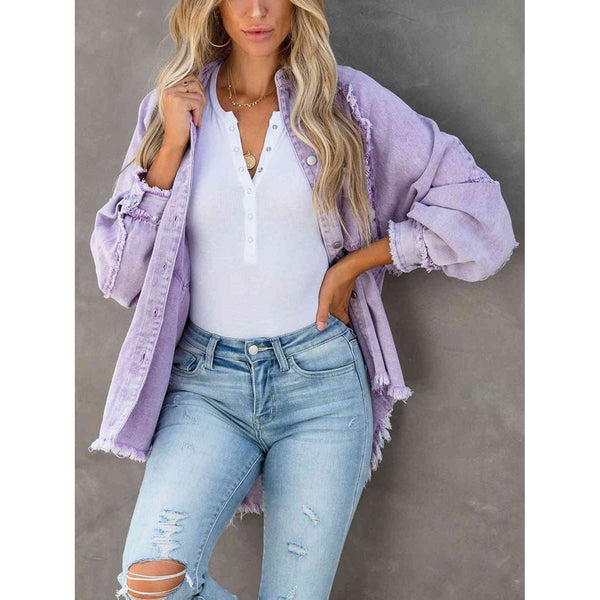 Button Down Raw Hem Denim Jacket