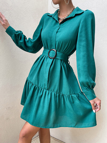 Collared Lantern Sleeve Mini Dress