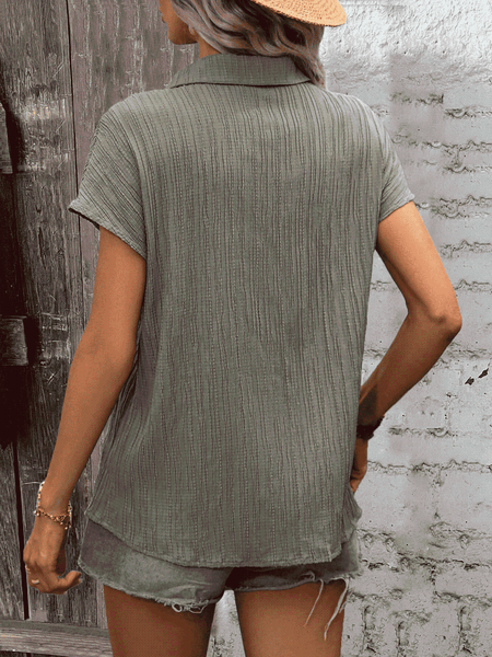 Collared Neck Short Sleeve Button-Up Shirt