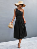 Asymmetrical One Shoulder Smocked Waist Midi Dress