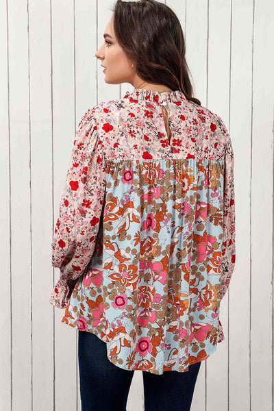 Floral Print Flounce Sleeve Mock Neck Blouse