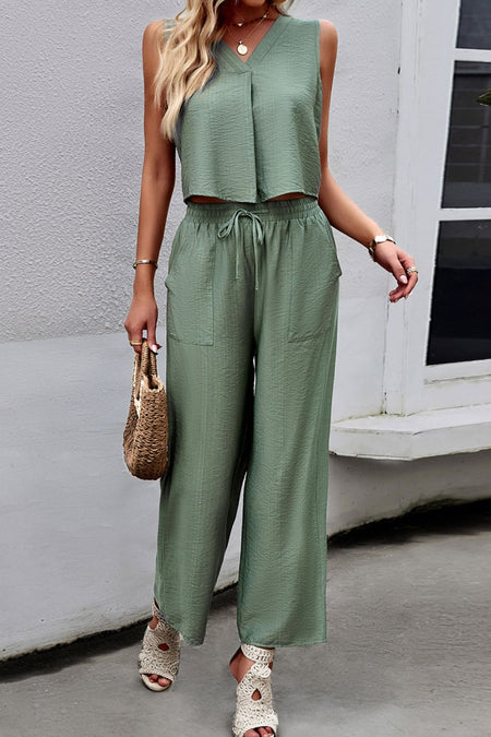 Tie Shoulder Smocked Crop Top and Wide Leg Pants Set