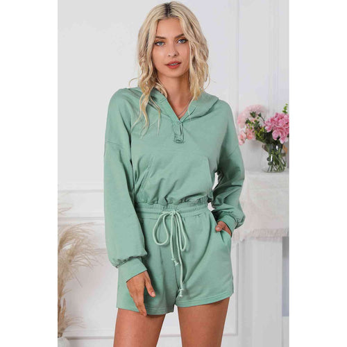 Drawstring Waist Hooded Romper with Pockets