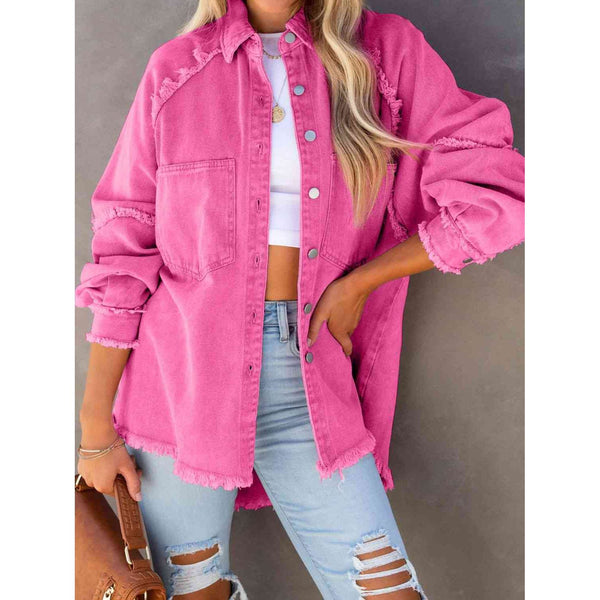 Button Down Raw Hem Denim Jacket