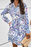 Printed Collared Neck Tie Waist Long Sleeve Dress