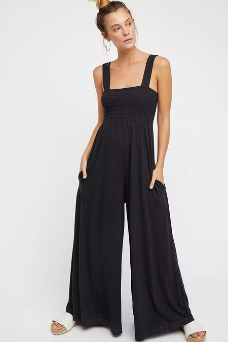Tie Shoulder Smocked Crop Top and Wide Leg Pants Set