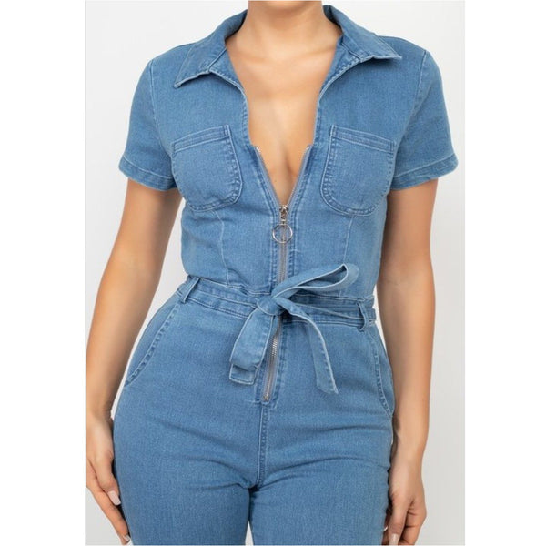 Denim jumpsuit front zipper