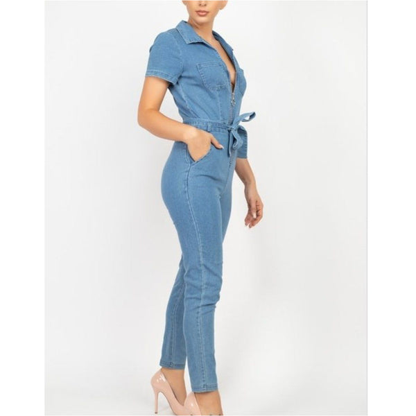 Denim jumpsuit front zipper