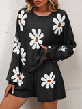 Floral Print Raglan Sleeve Knit Top and Tie Front Sweater Shorts Set