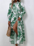 Printed Tie Waist Notched Neck Midi Dress