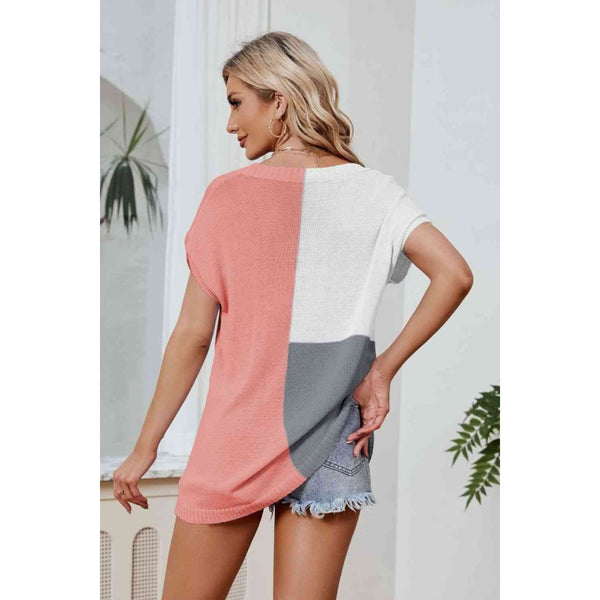 Color Block V-Neck Knit Top