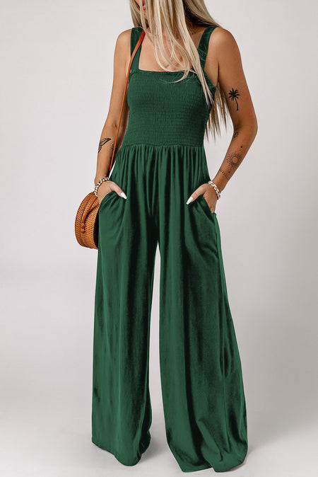 Tie Shoulder Smocked Crop Top and Wide Leg Pants Set