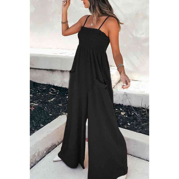 Spaghetti Strap Smocked Jumpsuit with Pockets