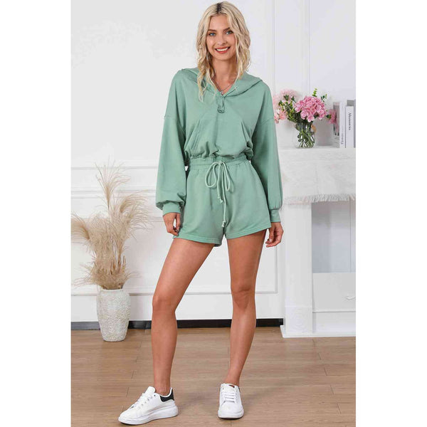 Drawstring Waist Hooded Romper with Pockets