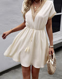 Contrast V-Neck Tassel Tie Dress