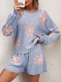 Floral Print Raglan Sleeve Knit Top and Tie Front Sweater Shorts Set