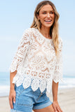 Openwork Round Neck Three-Quarter Sleeve Blouse