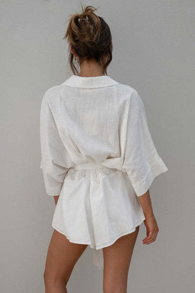 Tied Button Up Collared Neck Romper