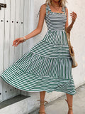 Smocked Striped Square Neck Midi Dress