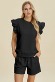 Double Take Full Size Texture Round Neck Ruffle Sleeve Top and Shorts Set