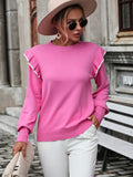 Round Neck Ruffle Trim Long Sleeve Pullover Sweater