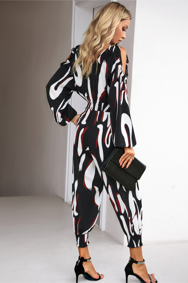 Printed Cold-Shoulder Surplice Neck Jumpsuit