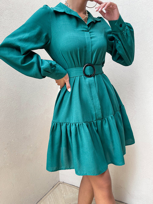 Collared Lantern Sleeve Mini Dress