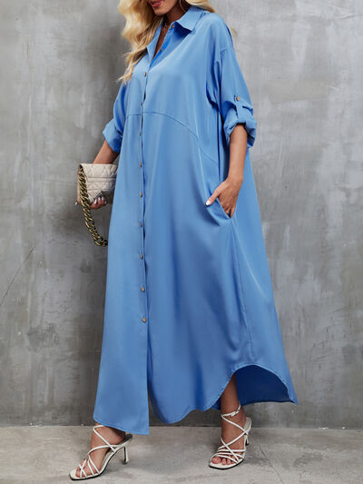 Button Up Dropped Shoulder Roll-Tab Sleeve Dress