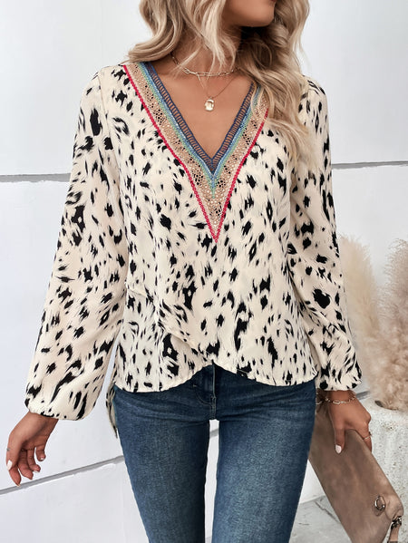Embroidered Printed Flutter Sleeve Blouse