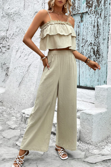 Raw Hem Straight Neck Cropped Top and Long Pants Set