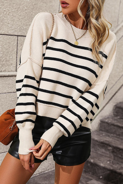 Striped Dropped Shoulder Round Neck Pullover Sweater