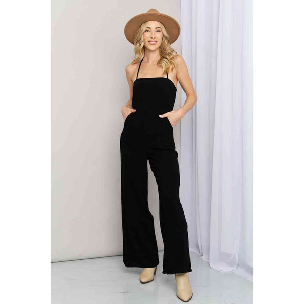 White Birch Full Size Halter Neck Wide Leg Jumpsuit with Pockets