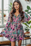 Printed V-Neck Long Sleeve Mini Dress