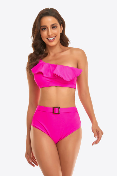 Contrast Trim Ribbed One-Shoulder Bikini Set