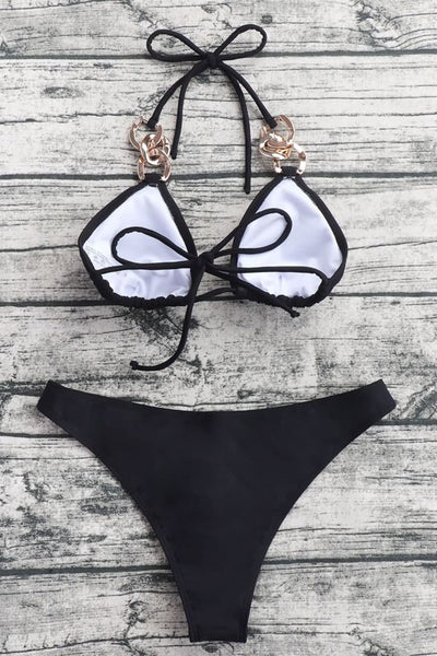 Chain Detail Tied Halter Neck Bikini Set