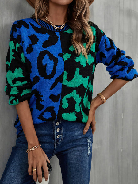 Round Neck Contrast Color Dropped Shoulder Sweater