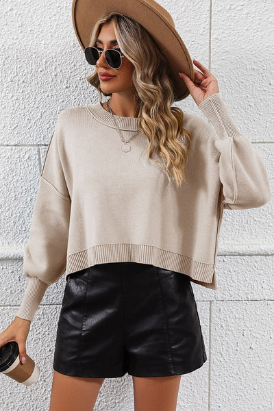 Round Neck Dropped Shoulder Pullover Sweater