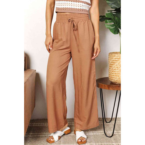 Double Take Drawstring Smocked Waist Wide Leg Pants