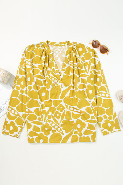 Printed Notched Long Sleeve Blouse